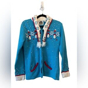Storybook Knits Blue Snowman Cardigan Size XS Holiday Novelty Christmas Unique